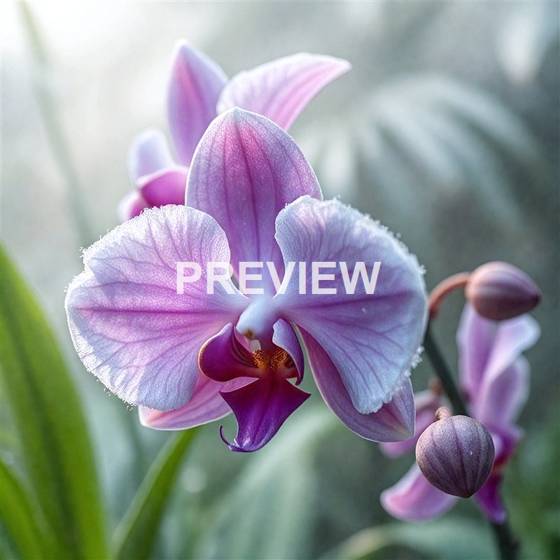 A close-up image of a delicate purple and white orchid flower with soft-focus green background.